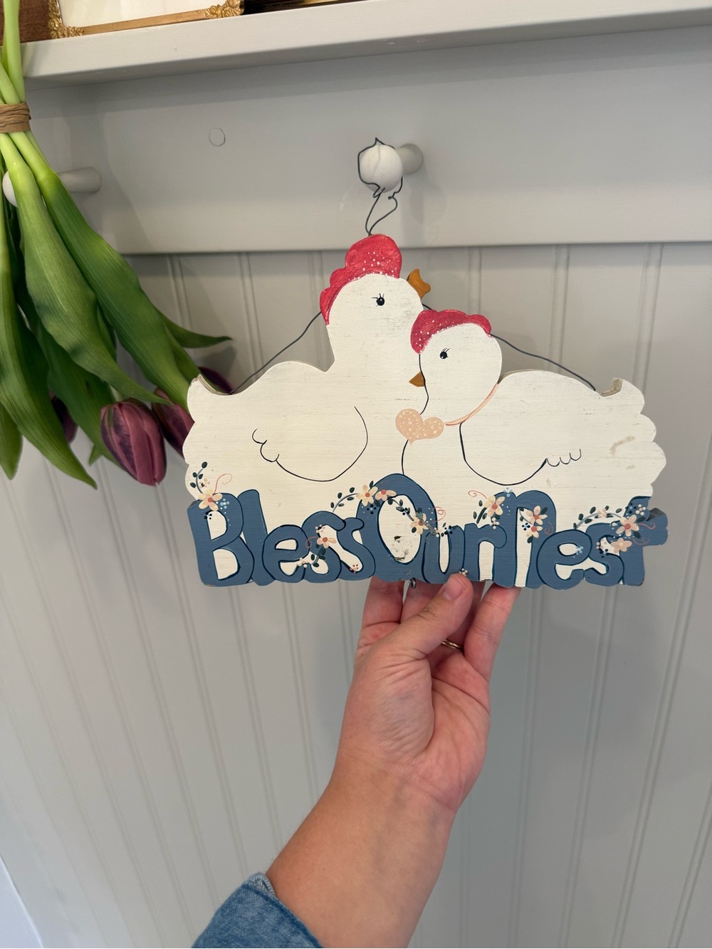 Decorative 'Bless Our Nest' Chicken Wall Sign - White and Blue